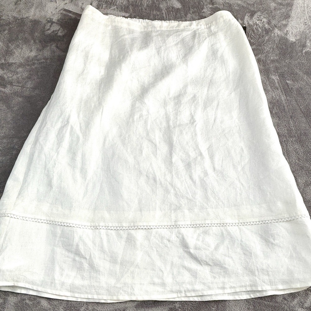 Kim Rogers Woman 1X White 100% Linen A-Line Midi Skirt NWT‎ Lined Lace Trim